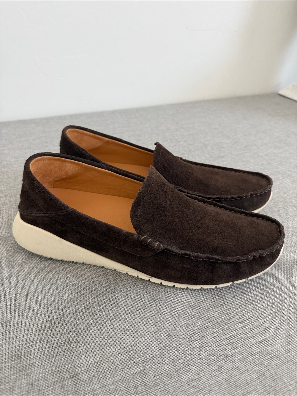 OluKai Dark Brown Suede Slip-On Loafers with Cream Sole